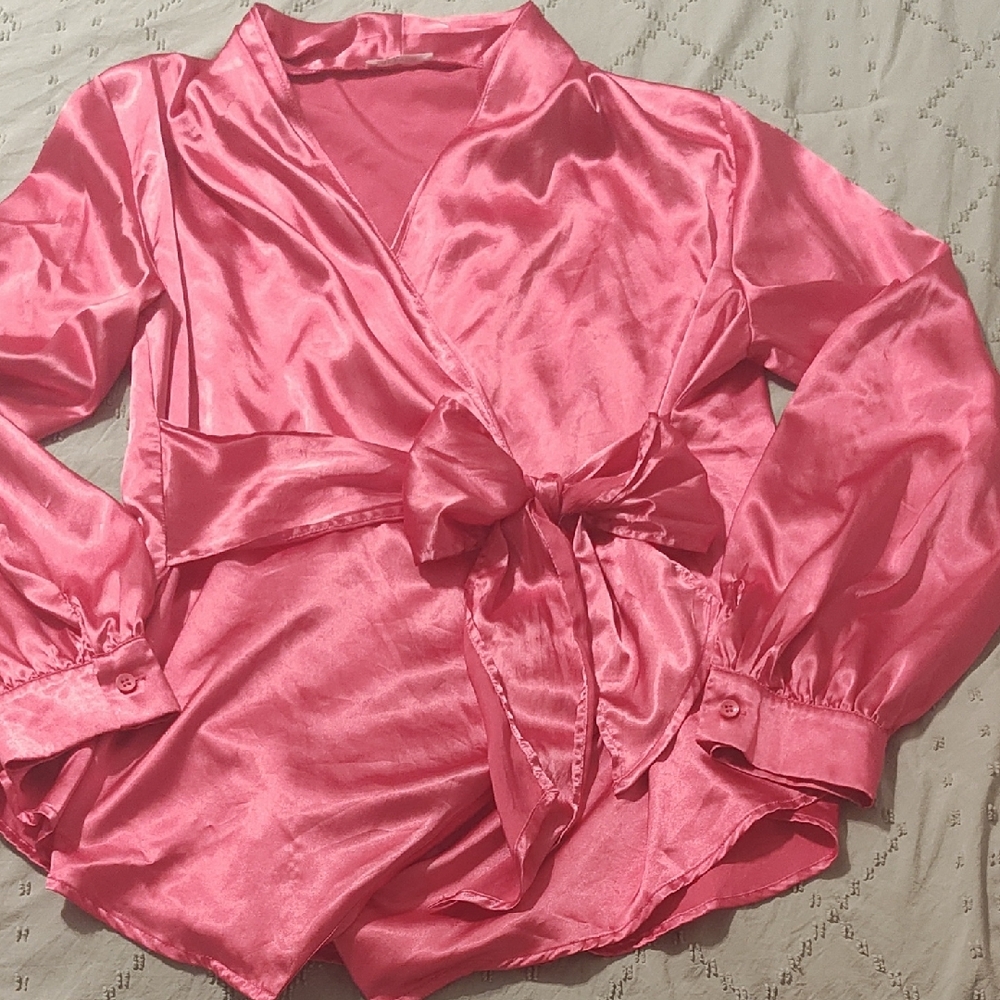 Elegant Pink Satin Wrap Shirt